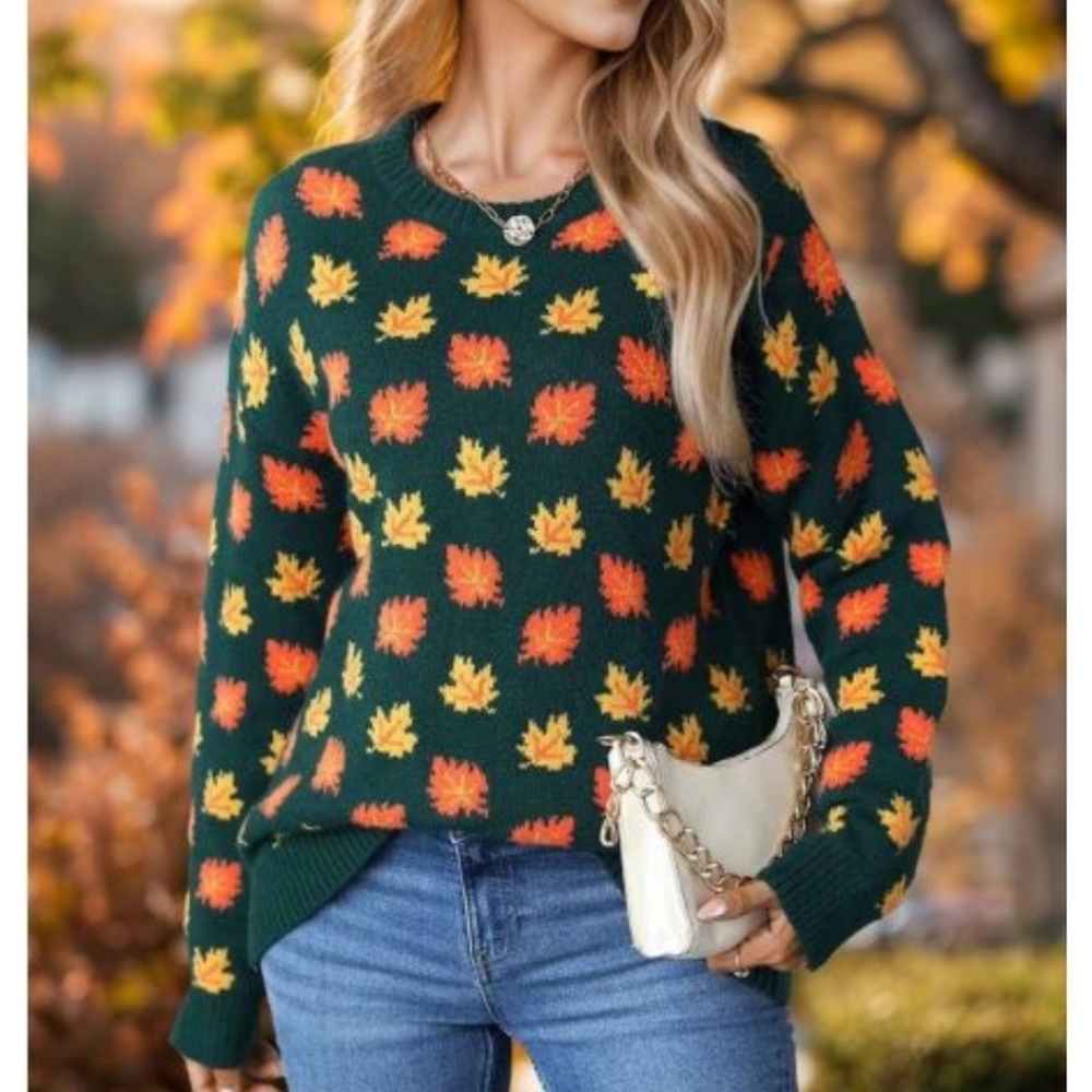 Chicwish Autumn Leaf Sweater - Green, Orange, Yellow